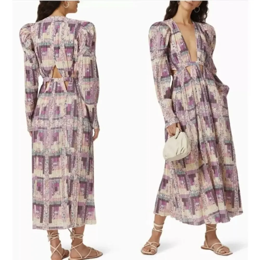 SEA NY Maxi Dress Patchwork Floral Naya Cutout‎ Long Sleeve Pleated Purple XS - Picture 5 of 11